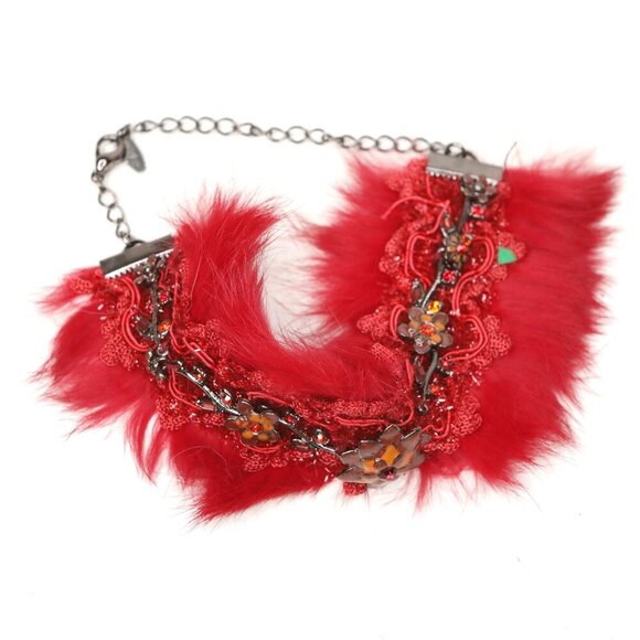 Vintage Nordstrom VCLM Feather Leather Bracelet Enamelled Flower Red - Picture 1 of 9